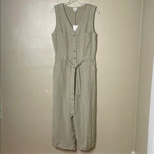 A NEW DAY Tan Linen Blend Button Front Sleeveless Belted Wide Leg Jumper NWT Sm